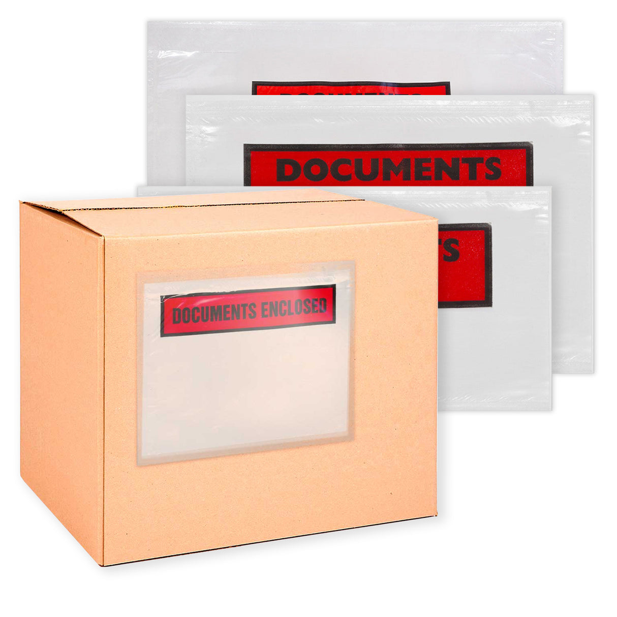Heldere enveloppen met wikkelsluiting en inbegrepen documenten - geprint